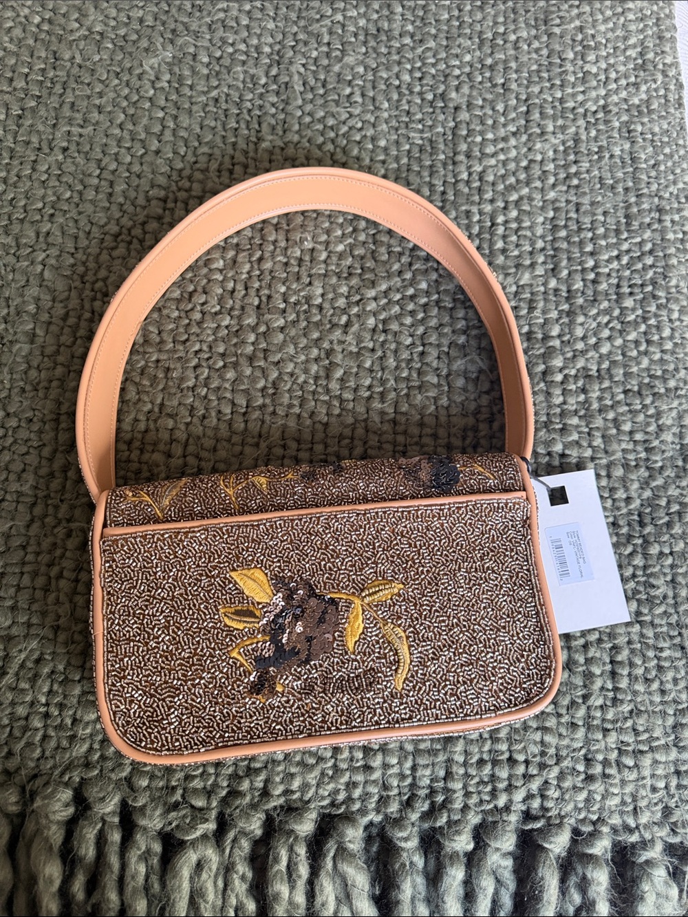 Brand new STAUD Brown Floral Sequin Shoulder Bag with Tan Trim - Picture 4 of 11